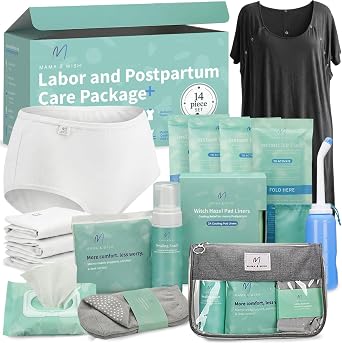 Postpartum Care Kit for Mom 14-Piece - Includes Labor and Delivery Gown, Peri Bottle, Witch Hazel Foam, Pad Liners & More! with Hospital Essentials for Women After Birth