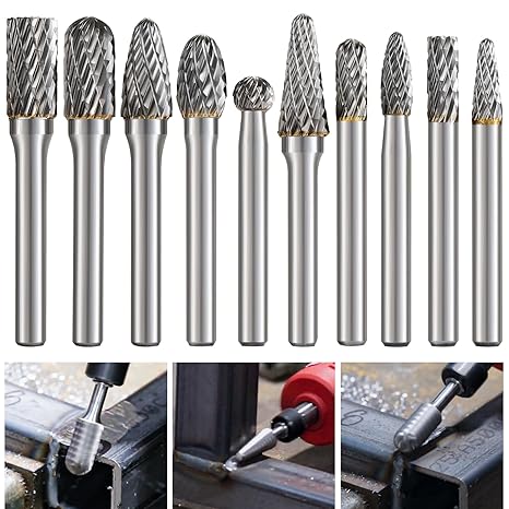 shengbenhao 10 Piece Carbide Burr Set with 6 mm Shank Double Cut Rotary Cutter Bits Rasp Set for Rotary Tool Rasp Wood Steel Metal Polishing Engraving and Drilling