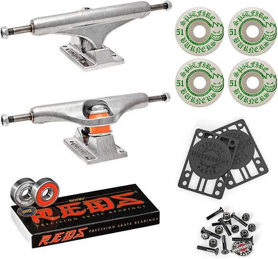 Independent Skateboard Trucks (Choose Size) Package Kit: 51mm Spitfire Burners 99A Wheels, with Bones Reds Bearings, 1" Mounting Hardware, and 1/8" Risers