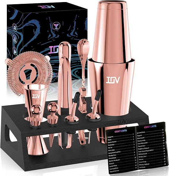 IOV Cocktail Shaker Set: 12-Piece Mixology Bartender Kit Bar Set | 16oz & 28oz Boston Shaker Drink Mixing Tools for Home with Recipe Booklet and Stand | Fun Housewarming Gift (Rose Gold)