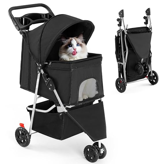 SMUG 3 Wheels Pet Stroller, Dog and Cat Strollers with Storage Basket & Cup Holder, Breathable Mesh, Lightweight Travel Carrier, Waterproof and Foldable for Small Pets Outdoor Walk, Black