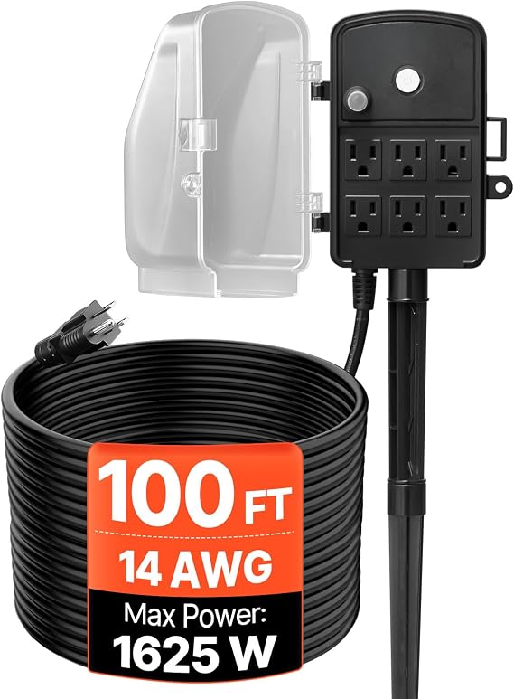 VEVOR Outdoor Power Stake Waterproof, 100 FT Extension Cord, Outdoor Power Strip, Weatherproof with Cover and Overload Protection, 6 Outlets, 13A/1625W for Halloween/Christmas Lights Decorations