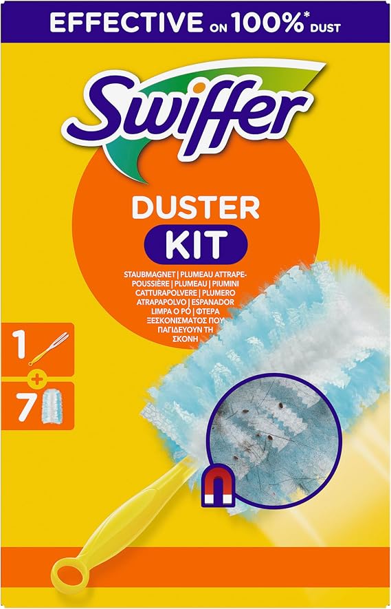 Swiffer Duster Duvets Dust Catch, 1 Handle and 7 Duvets, Catches and Traps Dust and Dirt, Reaches the Most Difficult Points of the House, Maxi Size