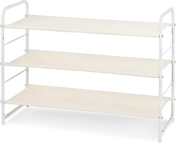 Simple Trending 3-Tier Stackable Shoe Rack, Expandable & Adjustable Fabric Shoe Shelf Storage Organizer, White