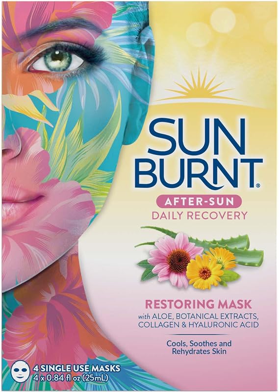 Sunburnt Ultra-Hydrating Face Sheet Mask, Advanced Sun Recovery, Treat Dry Sun Damaged Skin, For After Sun Exposure, Much More than Aloe, Soothes and Rehydrates Hot Dry Skin (4 single use masks)