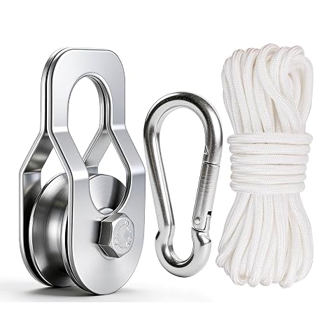 Heavy Duty Cable Snatch Pulley Block with 32FT Rope and Hook,Bearing Inside,for Garage,Attic,Kayak,Deer Hanging,Gym Equipment,800LB Lifting, 1 Pack