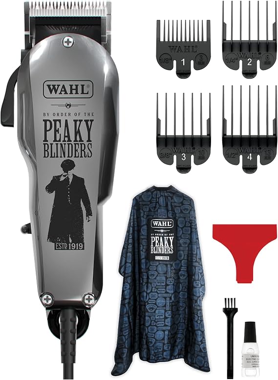 Wahl and Peaky Blinders Professional Hair Clipper and Cape, Pro Haircutting Kit, Clippers for Bulk Hair Removal, Taper Fade, Adjustable Lever, Corded, Lightweight, Barbers Supplies