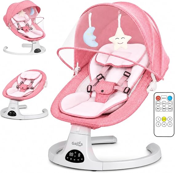 Baby Bouncer, Portable Electric Baby Swing with Bluetooth, 5 Swing Speed, 3-Stage Timer, 5-Point Harness, Remote Control & Touch Panel, Bouncer from Birth with 2 Soft Toys & Soft Pillow (Pink)