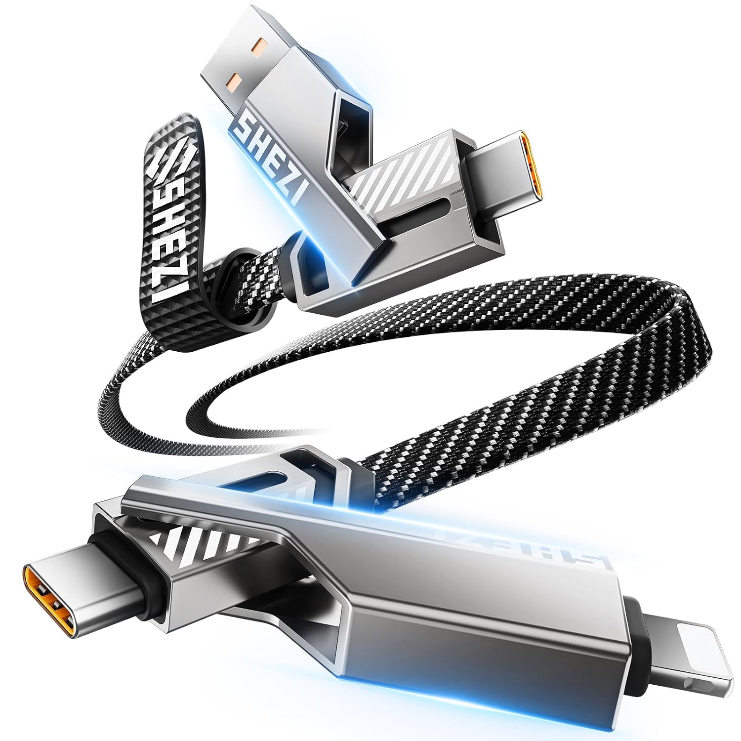 SHEZI [Upgraded 2.0] 4-in-1 USB C Cable 60W 3FT Fast Charging [480Mbps Data Transfer] Flat Nylon Braided Charger Cord Combo, USB AC to CL Multi Charge Cable for iPhoneiPad & Most Devices, Grey