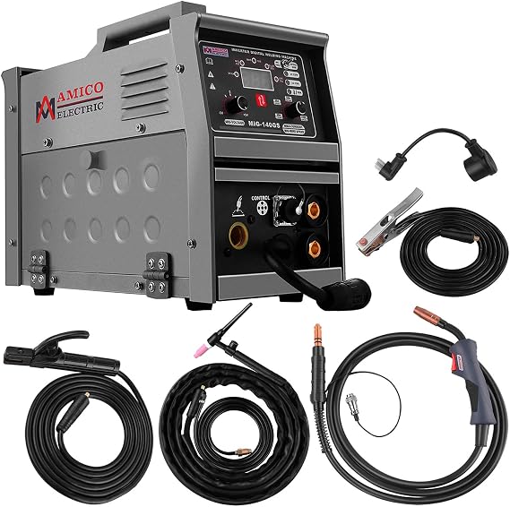 Amico MIG-140GS,140-Amp MIG/MAG/Lift-TIG/Stick Arc Combo DC Inverter Welder,100% Duty Cycle,Compatible Spool Gun SPG15180 and SPG15250.,Grey