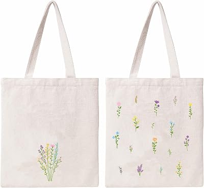 Kazova Floral Cotton Canvas Tote Bag Aesthetic Flower Tote Minimalist Bouquet Reusable Canvas Bag With Handles Grocery Shopping Botanical Wildflower Canvas Bag