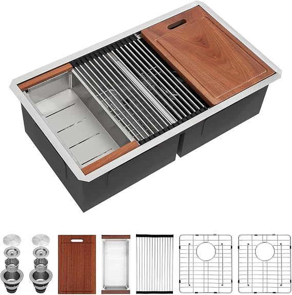 32 Undermount Kitchen Sink Double Bowl - Sarlai 32x19 Inch Kitchen Sink Stainless Steel 16 Gauge Ledge Workstation Low Divide Under Counter 50/50 Double Basin Kitchen Sink