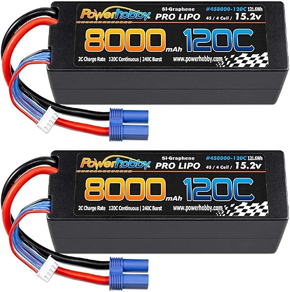 Powerhobby 4s 8000MAH 120C 15.2V Lipo Battery w EC5 Plug Hard Case (2) : Fits Arrma Kraton 8S / Losi DBXL-E