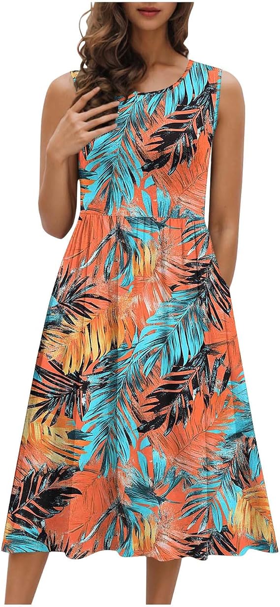 Womens Summer Tank Midi Dress with Pockets Sleeveless A-Line Dress Casual Floral T-Shirt Dress Flowy Beach Sundress
