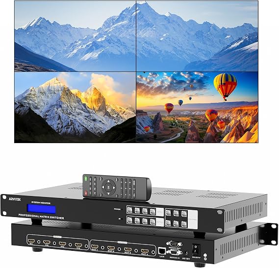 4x4 HDMI Matrix Seamless Switch 4K@60Hz, Customised Video Wall Controller 2x2 Matrix, Support Web/Remote/RS-232 Control, 180o Rotation, Fit 1U 19" Rack