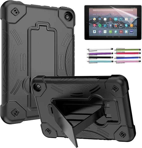 Case for Amazon Fire 7 Tablet (12th Generation, 2022 Released) - Heavy Duty Protective Hybrid Case Cover with Kickstand + 1 Screen Protector and 1 Stylus (Black/Black)