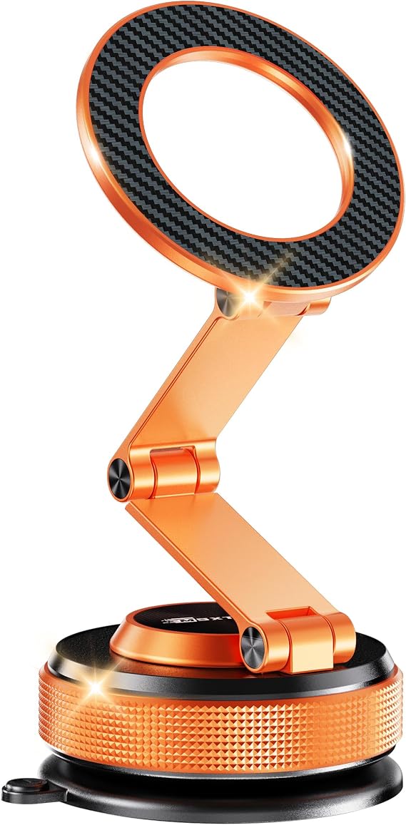 MSXTTLY Tesla Phone Mount for Magsafe, Vacumm Magnetic Car Phone Holder | Metal Foldable Hidden Long Arm, Orange Phone Mount for Car, Suction Phone Mount with Washable Nano Gel Base, Strongest Magnet