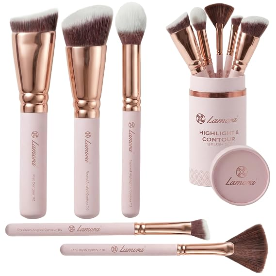 Lamora Pro Face Contour Brush Set - Contouring Sculpting & Highlighting Kit | Cream Blush Highlighter Powder Flat Nose Cheek Round Small Angled Fan Tapered Precision Kabuki Foundation Makeup Brushes