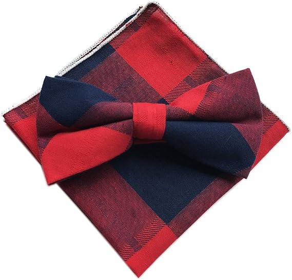 Elfeves Men's Cotton Bow Ties Pocket Square Set Pre-Tied Checks Handmade Necktie