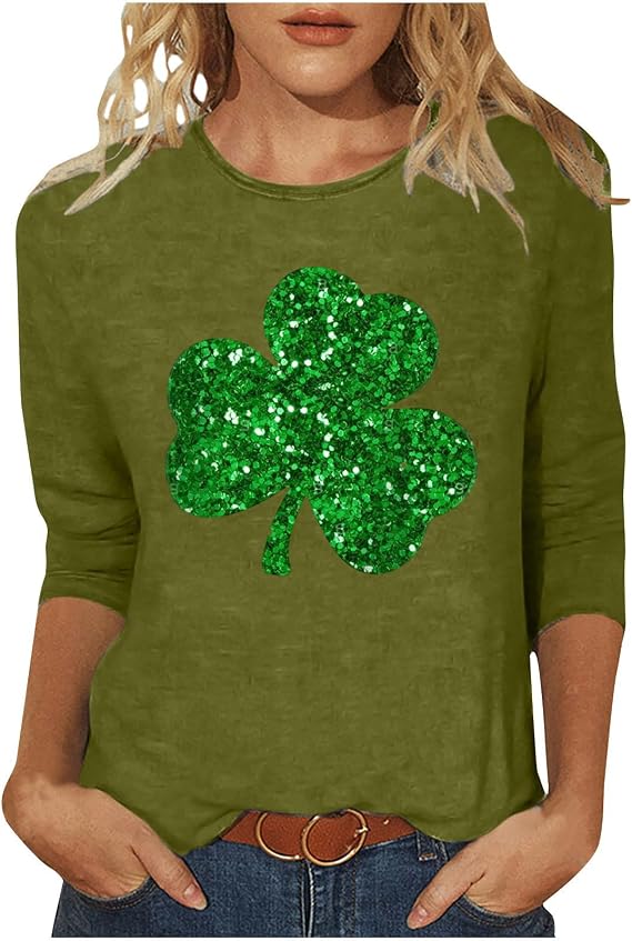 LRMQS St Patricks Day Shirt Women Plus Size Funny 3/4 Sleeve Cute Saints Tops Shamrock Shirts Lucky Irish Shamrocks Outfit