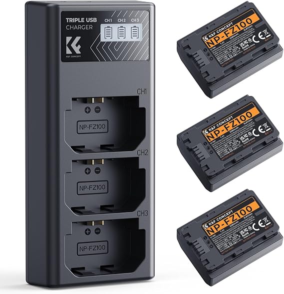 K&F Concept 3-Pack NP-FZ100 Battery and Upgraded LCD Battery Charger Compatible with Sony A7iii, A7iv, A7C, FX3, FX30, A9, A6600, A6700, ZV-E1, ZV-E10ii, Alpha 9, A9S, A7R III, A7R IV, A7RV, 2280mAh