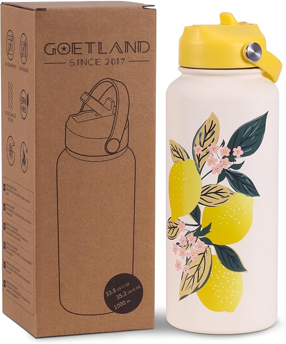Goetland Flowers Water Bottle 1l Beverage Bottle with Straw Lid Stainless Steel Wide Mouth Vacuum Insulated Cute UV Printing Leak Proof for Women Girls Kids Lemon