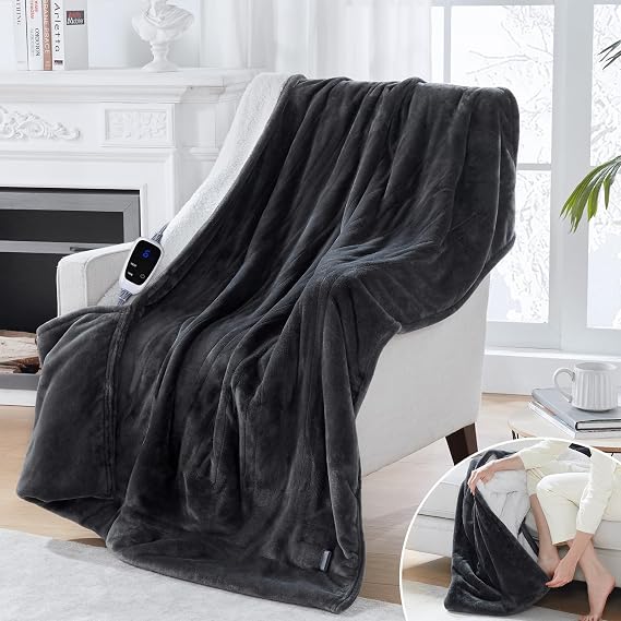 Sealy Electric Blanket Heated Throw with Foot Pocket, 50"x62", Dark Grey