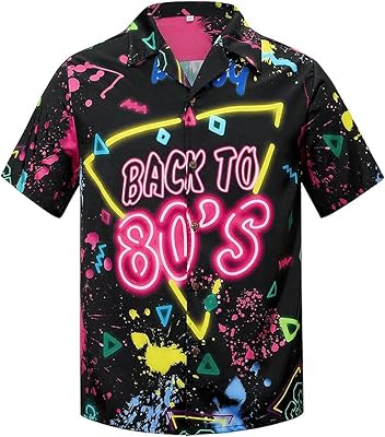 Zando 90s 80s Outfit for Men - Funny Retro Short Sleeve Button Down Hawaiian Shirt for Disco & Themed Party & Beach