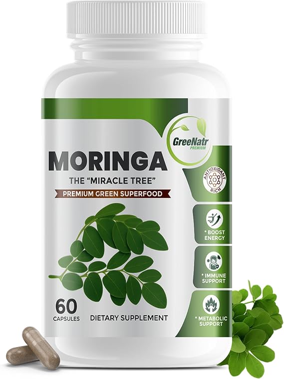 Pure Moringa Oleifera Green Superfood Capsules with Vitamin C, Omega 3 & Amino Acids - Boosts Energy, Mood, Memory, Immune Support - Made from Organic Moringa, Non-GMO - 60 Capsules (1 Bottle)