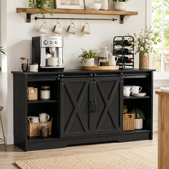 4 EVER WINNER Farmhouse Coffee Bar with Sliding Barn Doors, Espresso