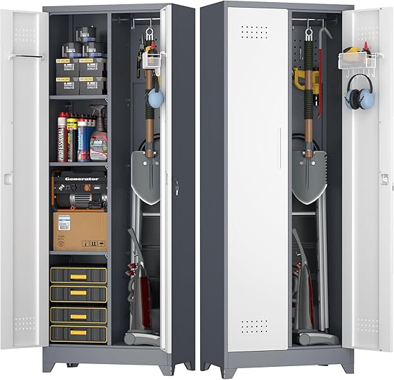 Metal Cabinets with Doors and Shelves, Cupboard with Hanging Rod, Bedroom Storage Cabinets, Heavy Duty Broom Cabinet, 65" Laundry Room Cabinets, White/Grey