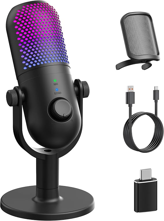 USB Microphone for PC Gaming: Condenser Microphone RGB with Stand Mic - Recording Mic for Computer & Laptop with Quick Mute - Desk Podcast Mic for Podcast & Singing & Streaming & Youtube Black