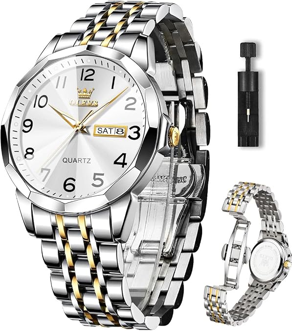 OLEVS Mens Watch, Dress Stainless Steel Analog Quartz Watches for Men with Day Date, Silver Gold Silver Two Tone Big Face Large Waterproof Luxury Casual Easy to Read Number Dial Men's Wrist Watch