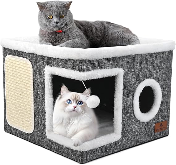 Cat House for Indoor Cats, Large Cat Cave Bed with Scratch Pad and Fluffy Ball, Foldable Cat Hideaway, Cat Bed with Reversible Cushion for Multi Small Pet 41D x 41W x 32H cm, Grey