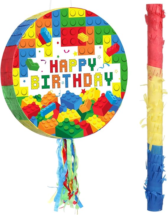 Jexine Block Pinata Set, Birthday Building Pinata with Blindfold Bat Stick