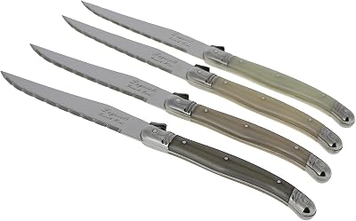 French Home Laguiole 4-Piece Steak Knife Set Sophisticated Stainless Steel Dinner Knives with Handles of Neutral Tones & Iconic Bee Emblem Serrated Knives for Smooth Cutting 9.25