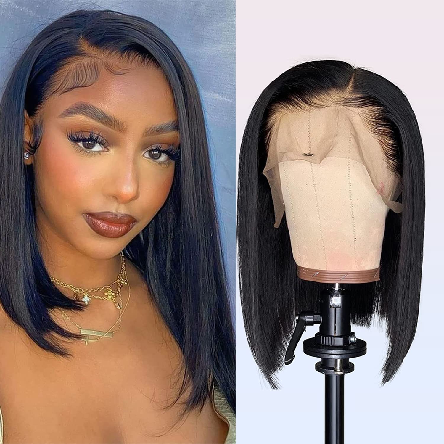 Ainmeys Hair short bob wigs 13x6 Deep Part Lace Front wigs human hair Pre Plucked Brazilian Straight human Hair Wigs For Black Women Bleached Knots14inch, 13x6 straight bob