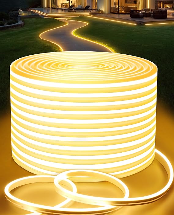 Lamomo Neon Rope Lights 65.6Ft, Waterproof Warm White LED Strip Lights, 3000K Silicone Flexible Cuttable 24V Led Lights for Bedroom, Outdoor,Indoor, Kitchen, DIY Design, Cabinet