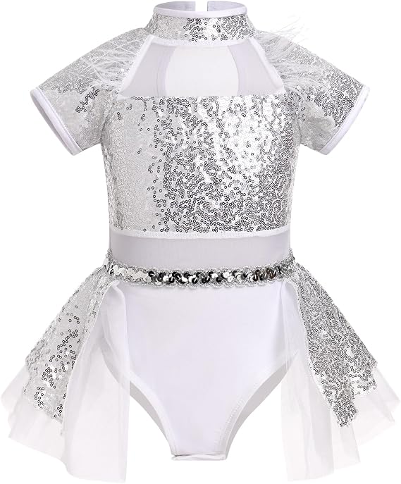 ODASDO Girls Shiny Sequins Ballet Dance Leotard Short Sleeve Feather Tutu Dress Hip Hop Latin Jazz Stage Performance Outfit
