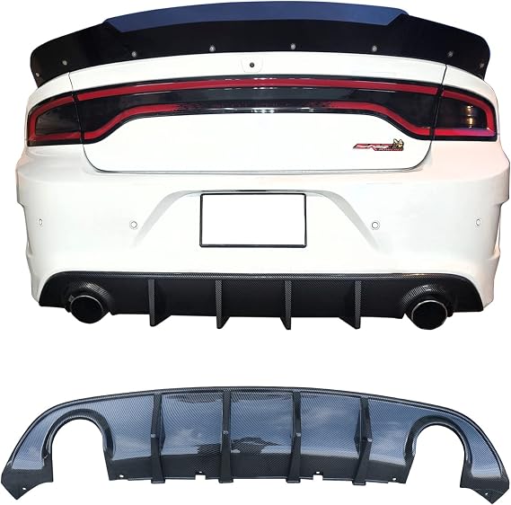 Fit 2015-2023 Dodge Charger SRT Rear Diffuser V3 Style | IKON MOTORSPORTS, Carbon Fiber Hydro Dip (Gloss/Smooth Finish) Bumper Lip Splitter Spoiler Lower Valance