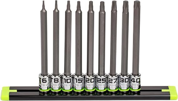 GRIPEDGE Tools | 9-PC 1/4" Drive Long RPT Star Driver Set | Sizes T6 - T40 | Made With S2 Steel | Includes Premium Aluminum Socket Rail |