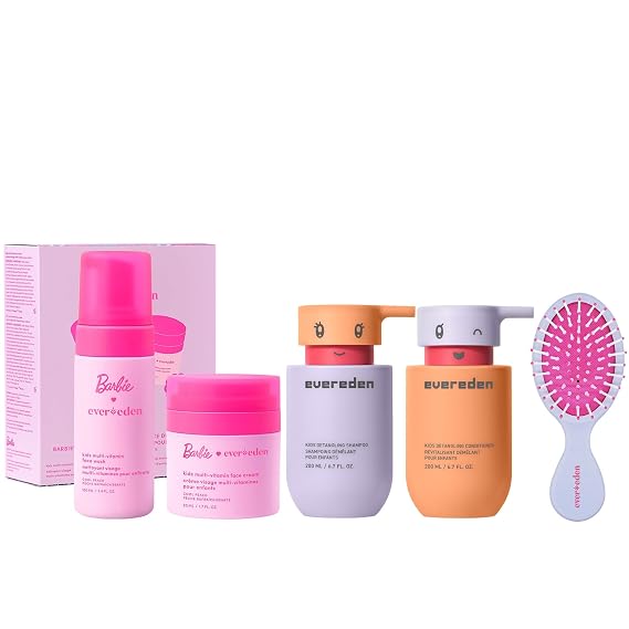Evereden Happy Face DUO Barbie Edition & Happy Hair DUO Set: Multi-Vitamin Kids Face Wash & Cream, Hair Detangling Shampoo and Conditioner, Exclusive Barbie Gift Bundle - Clean & Vegan - Ages 3+