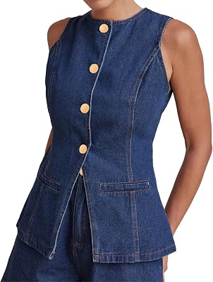 Kedera Womens Button Down Denim Vest Sleeveless Tank Tops Crew Neck Slim Fit Jean Jacket Waistcoat with Pockets