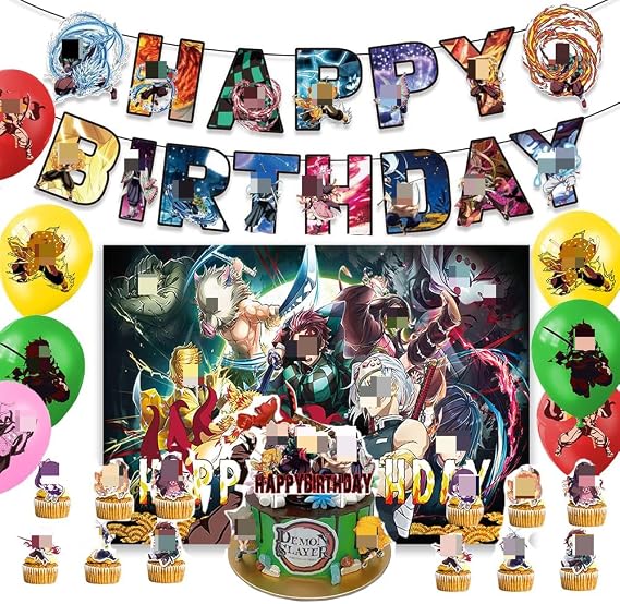 42pcs Demon S Birthday Party Supplies Pack Includes,Banner,Cake Topper,Blackdrop,Balloons for Demon party supplies
