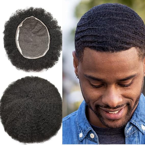 Afro Toupee For Men Hair Units Full French Lace Curly メンズ ヘアピース アフロ ブラジリアン 人毛 交換システム 黒人男性用 ウィッグ 8X10 1B# オフ ブラック 8mm ウェーブ