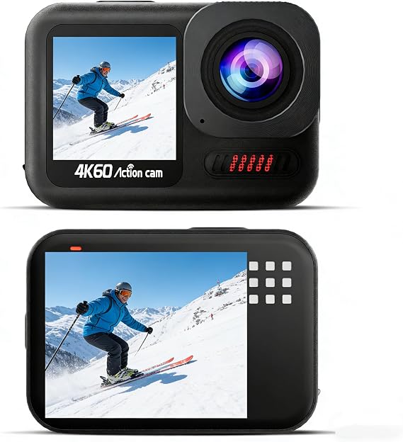 4K60FPS Action Camera Waterproof, 15M Bare Underwater Camera with 64GB Card, 8X Zoom Touch Screen SportsCamera,6-axis EIS 48MP Helmet Camera,Remote Control,Distortion Correction 2 * 1350mAh.