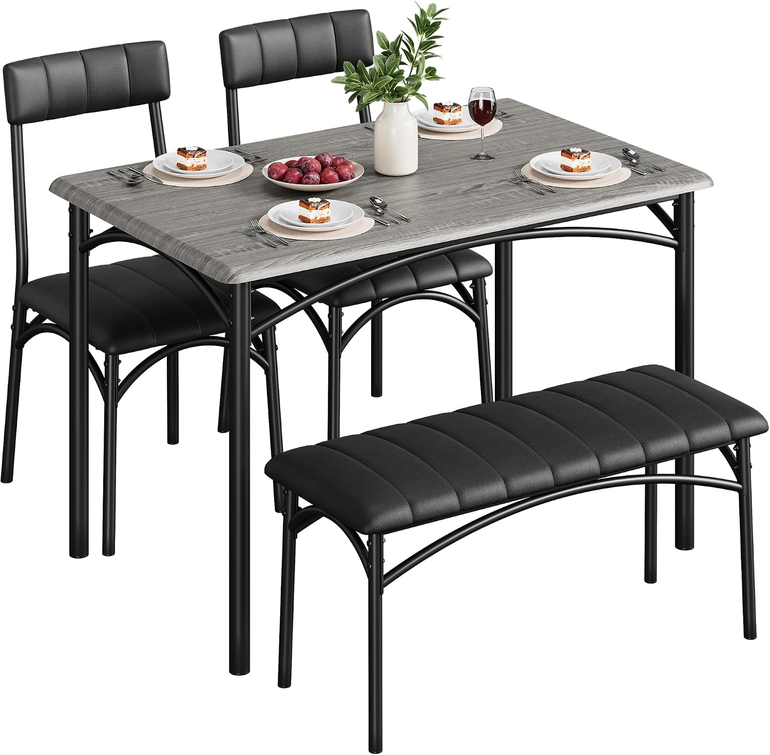 Space-Saving 4-Piece Dining Table Set Modern Industrial Kitchen Table with 2 Chairs and Bench for 4 Seater Dining Room Small Spaces
