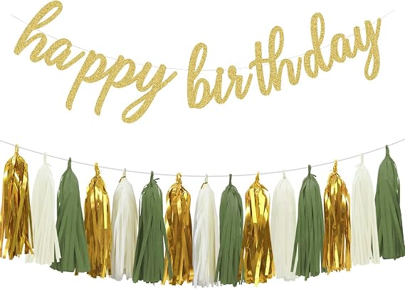 Sage Green Happy Birthday Decorations for Women Men, 16pcs
