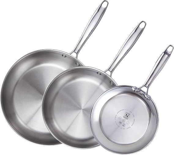 Cook N Home Classic Tri-Ply Clad 8 Inch / 10 Inch / 12 Inch Stainless Steel Skillet, Saute Frying Pan, Induction Cookware, Compatible with All Cooktops, Dishwasher & Oven Safe, 3-Piece