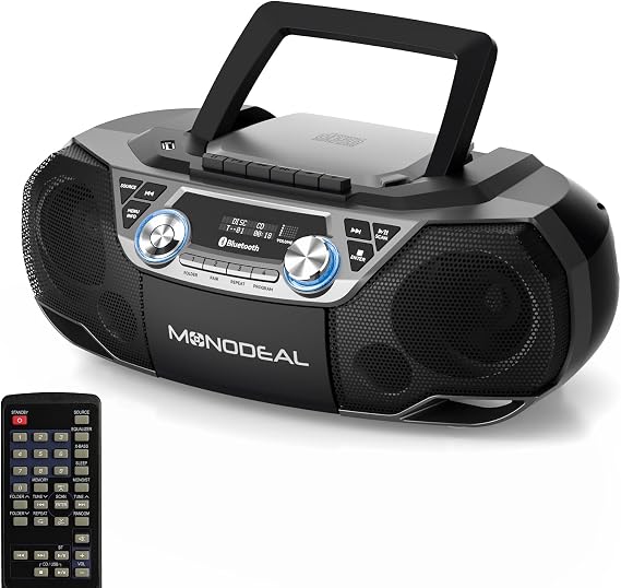 MONODEAL CD Player & Cassette Tape Player with Bluetooth | Powerful Stereo with X-BASS,CD and Cassette Player Combo,FM/USB/AUX & Remote, Tape Recording, Sleep Timer, AC/DC Powered